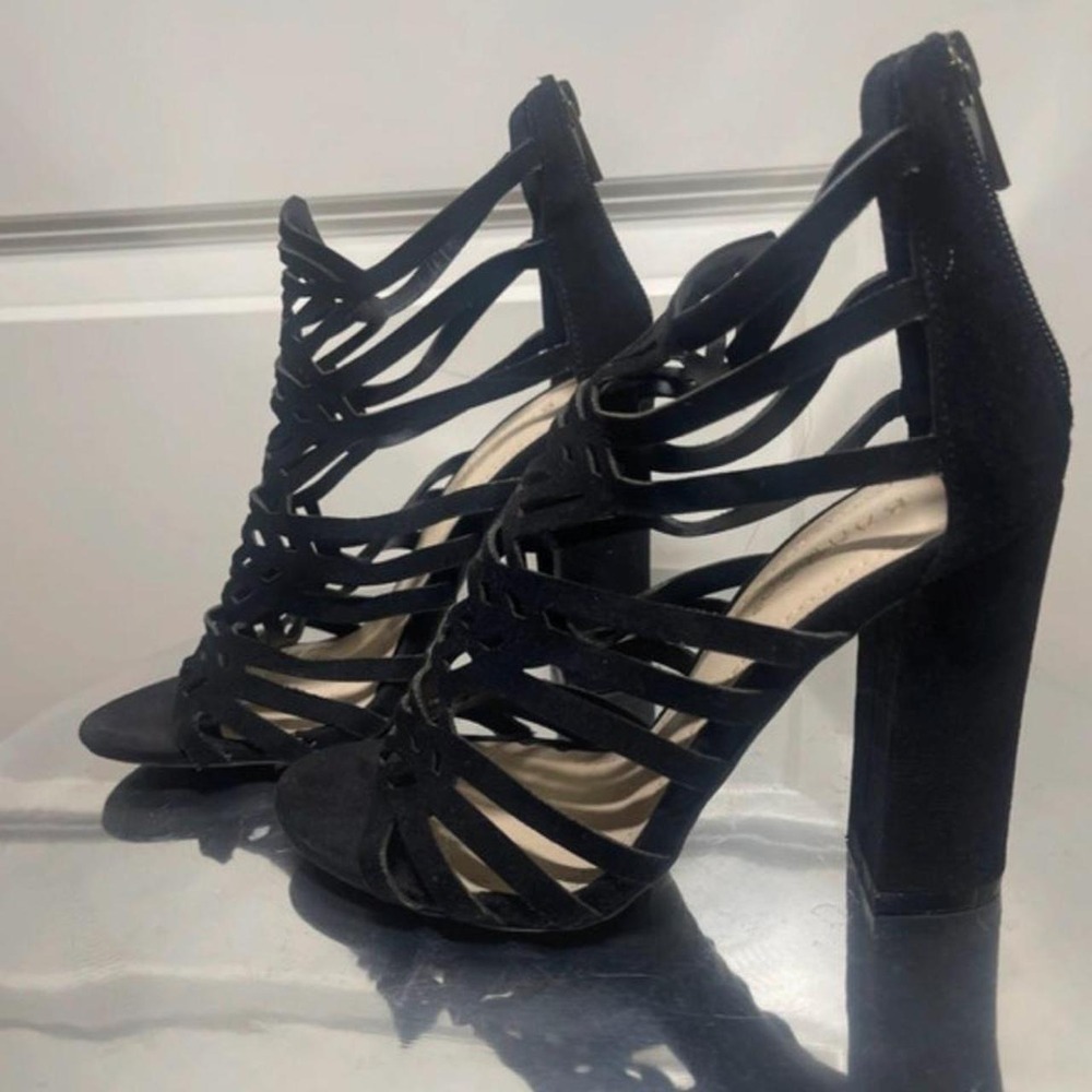 Bamboo Womens Black Faux Suede Caged Gladiator Block Heels Size 5.5